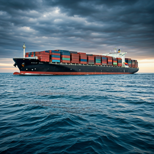 cinematic wide shot of a massive merchant cargo ship