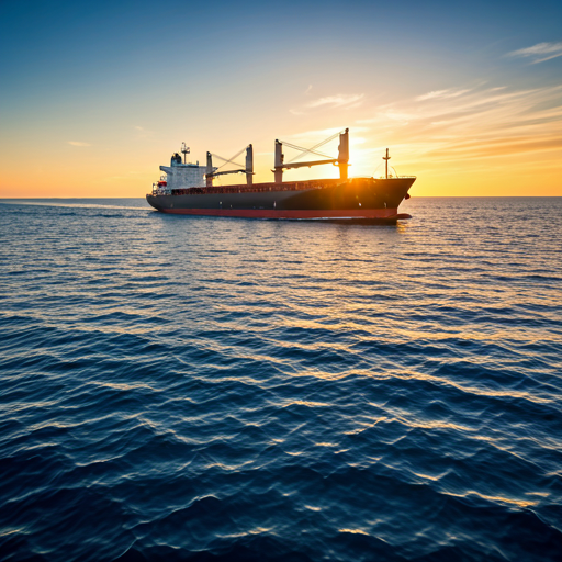cinematic wide shot of a massive merchant cargo ship